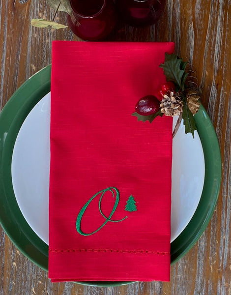 Monogrammed Christmas Tree Embroidered Cloth Napkins-Set of 4 napkins - White Tulip Embroidery