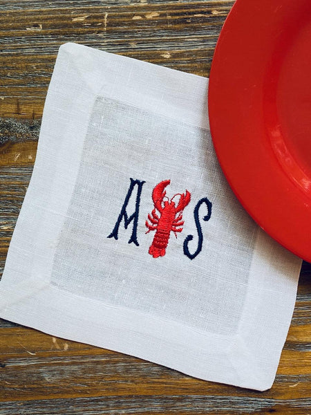 Monogrammed Lobster Cocktail Napkins, Set of 4 - White Tulip Embroidery