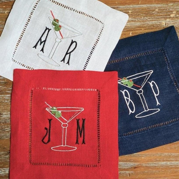 Monogrammed Martini Cocktail Napkins, Set of 4 - White Tulip Embroidery