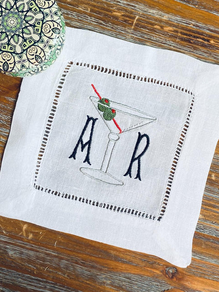 Monogrammed Martini Cocktail Napkins, Set of 4 - White Tulip Embroidery