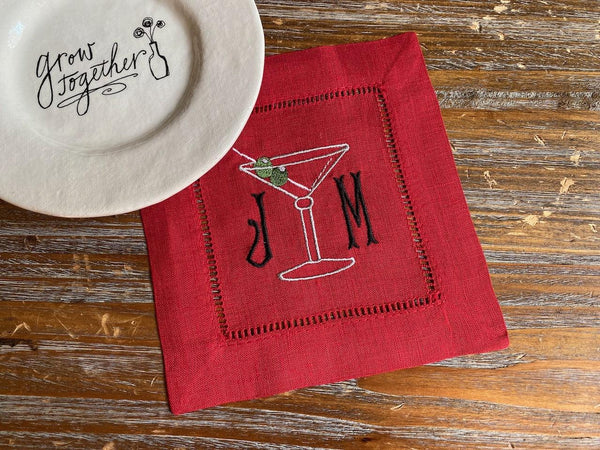 Monogrammed Martini Cocktail Napkins, Set of 4 - White Tulip Embroidery