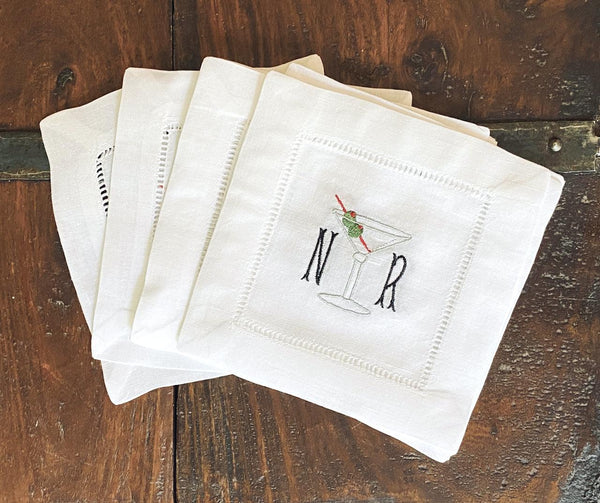 Monogrammed Martini Cocktail Napkins, Set of 4 - White Tulip Embroidery