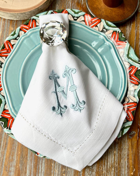 Noble Monogrammed Cloth Dinner Napkins - Set of 4 napkins - White Tulip Embroidery