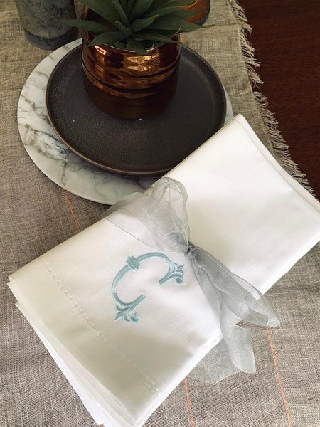 Noble Monogrammed Cloth Dinner Napkins - Set of 4 napkins - White Tulip Embroidery