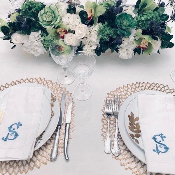 Noble Monogrammed Cloth Dinner Napkins - Set of 4 napkins - White Tulip Embroidery