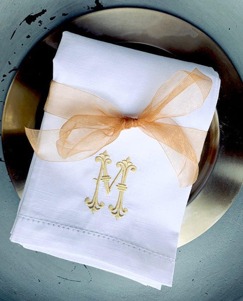 Noble Monogrammed Cloth Dinner Napkins - Set of 4 napkins - White Tulip Embroidery