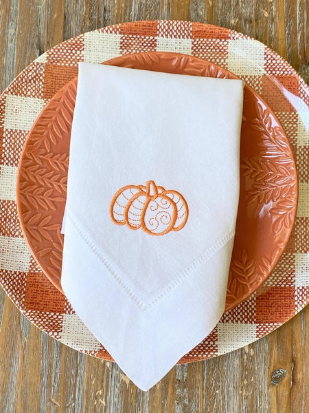 Autumn Pumpkin Cloth Napkins - Set of 4 napkins - White Tulip Embroidery