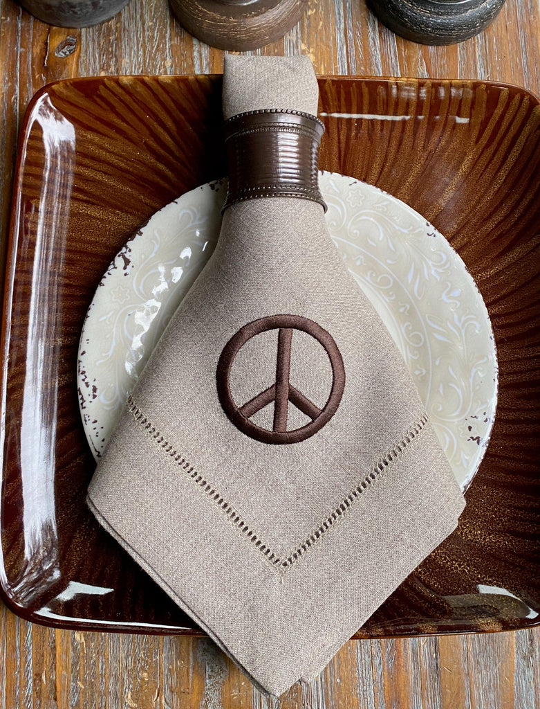 Peace Sign Embroidered Cloth Napkins - Set of 4 napkins - White Tulip Embroidery