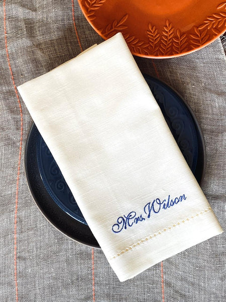 Personalized Bride and Groom Name Napkins - White Tulip Embroidery