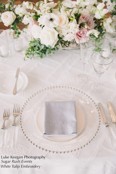 Personalized Wedding Party Monogrammed Name Napkins, Set of 4 names napkins - White Tulip Embroidery