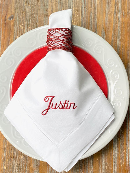 Personalized Wedding Party Monogrammed Name Napkins, Set of 4 names napkins - White Tulip Embroidery