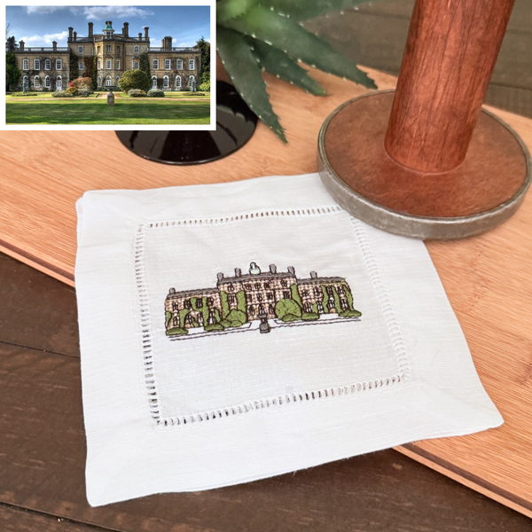Custom House Embroidered Linen Cocktail Napkins, Set of 4, Housewarming Gift, gift from realtor, personalized napkins - White Tulip Embroidery