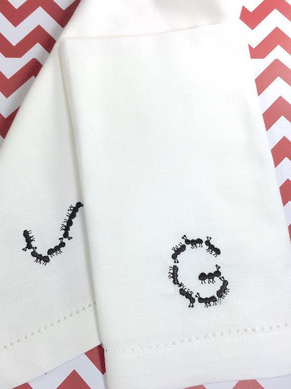 Picnic Ants Monogrammed Cloth Napkins - Set of 4 napkins - White Tulip Embroidery