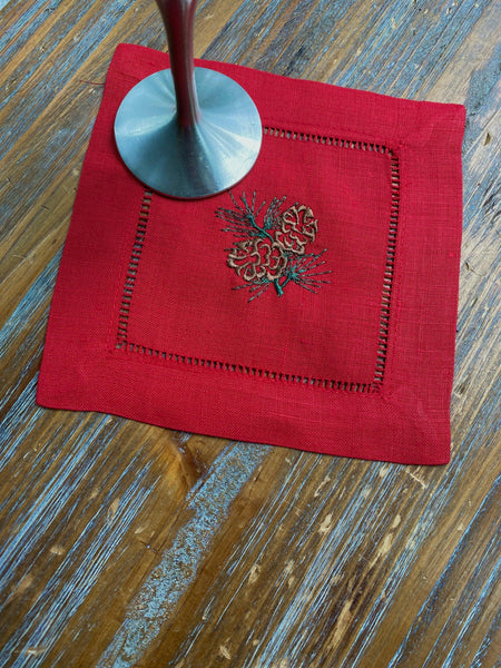 Pine Cone Cocktail Napkins, Set of 4 - White Tulip Embroidery