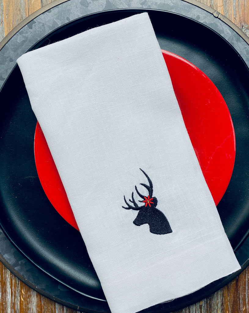 Poinsettia Deer Embroidered Cloth Napkins - Set of 4 napkins - White Tulip Embroidery