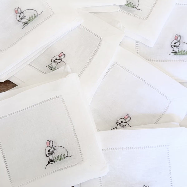Easter Bunny Cloth Cocktail Napkins, Set of 4, Easter Linen Cocktail Napkins - White Tulip Embroidery