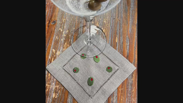 Whiskey Embroidered Cloth Cocktail Napkins Set of 4, Low Ball Whiskey Glass Linen cocktail napkins, Bourbon gift - White Tulip Embroidery