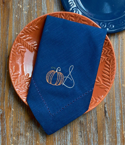 Pumpkin Monogrammed Cloth Dinner Napkins - Set of 4 napkins - White Tulip Embroidery