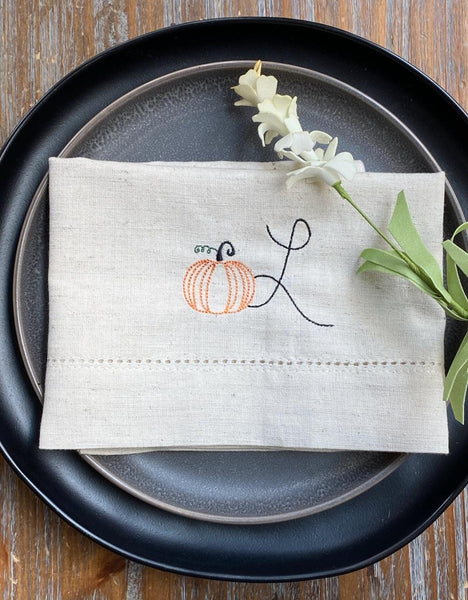 Pumpkin Monogrammed Cloth Dinner Napkins - Set of 4 napkins - White Tulip Embroidery