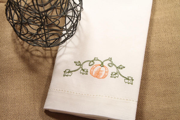 Pumpkin Vine Embroidered Cloth Dinner Napkins - Set of 4 napkins - White Tulip Embroidery
