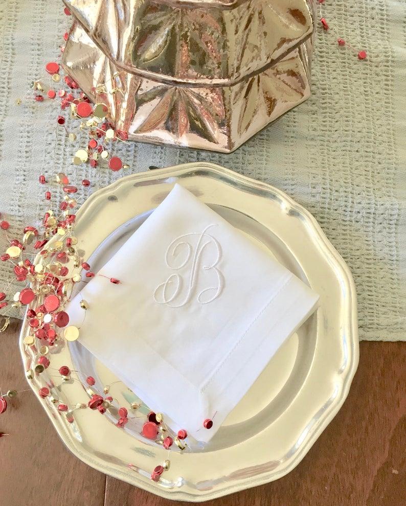 Rachael Monogrammed Embroidered Cloth Napkins - Set of 4 napkins - White Tulip Embroidery