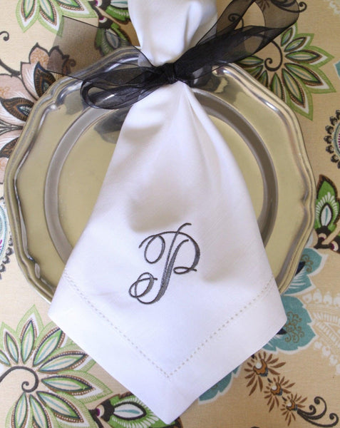 Rachael Monogrammed Embroidered Cloth Napkins - Set of 4 napkins - White Tulip Embroidery
