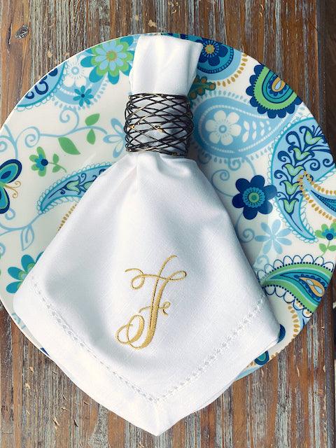 Rachael Monogrammed Embroidered Cloth Napkins - Set of 4 napkins - White Tulip Embroidery