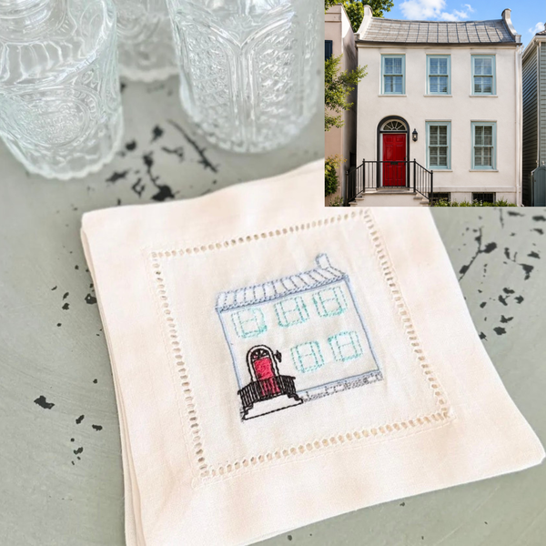 Custom House Embroidered Linen Cocktail Napkins, Set of 4, Housewarming Gift, gift from realtor, personalized napkins - White Tulip Embroidery