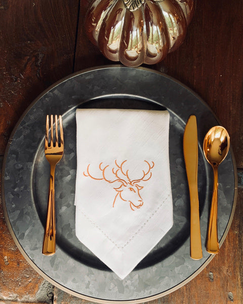 Reindeer Christmas Embroidered Cloth Napkins - Set of 4 napkins - White Tulip Embroidery