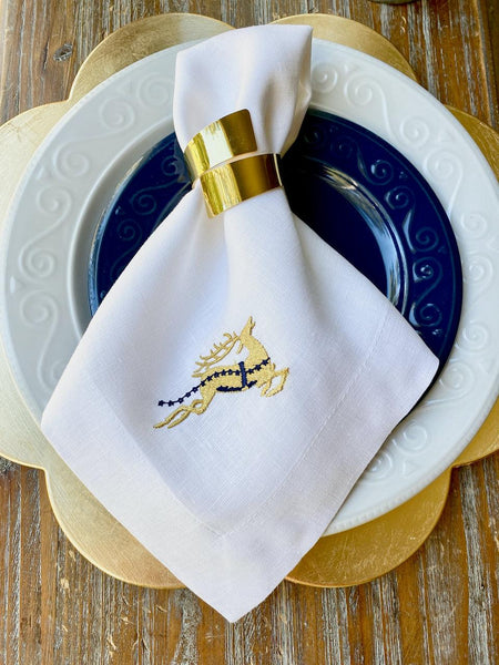 Reindeer Christmas Embroidered Cloth Napkins - Set of 4 napkins - White Tulip Embroidery