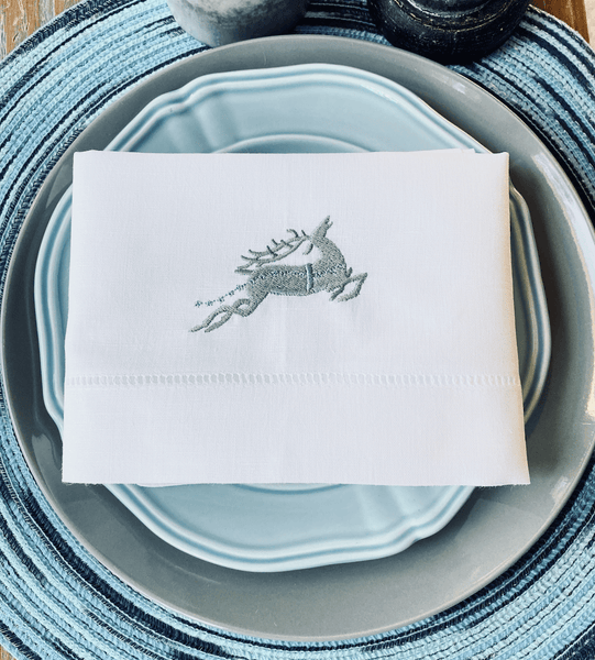 Reindeer Christmas Embroidered Cloth Napkins - Set of 4 napkins - White Tulip Embroidery