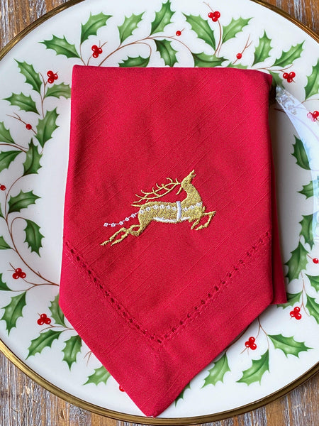Reindeer Christmas Embroidered Cloth Napkins - Set of 4 napkins - White Tulip Embroidery