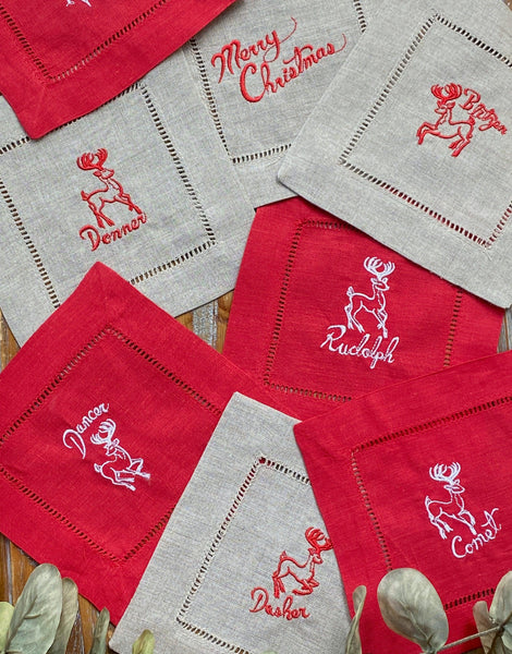 Reindeer Cloth Cocktail Napkins, Set of 10 - White Tulip Embroidery