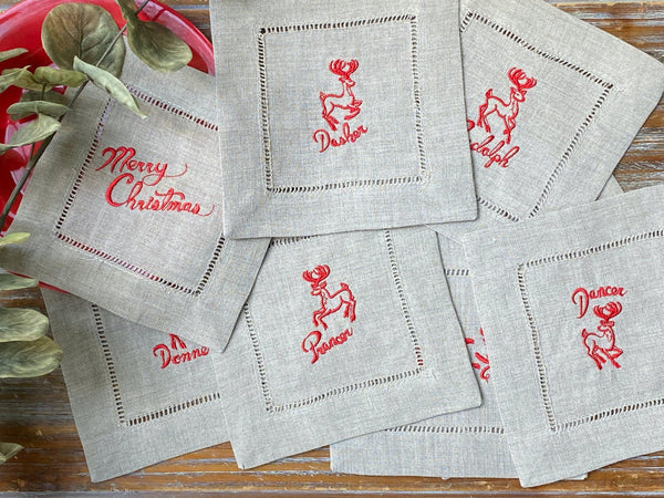 Reindeer Cloth Cocktail Napkins, Set of 10 - White Tulip Embroidery