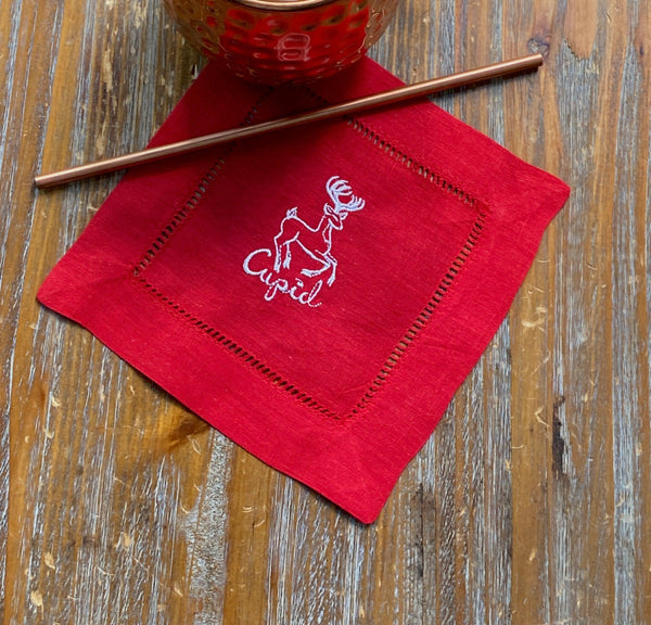 Reindeer Cloth Cocktail Napkins, Set of 10 - White Tulip Embroidery