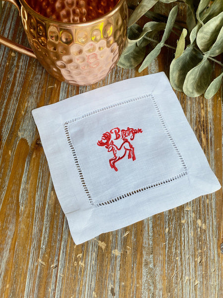 Reindeer Cloth Cocktail Napkins, Set of 10 - White Tulip Embroidery