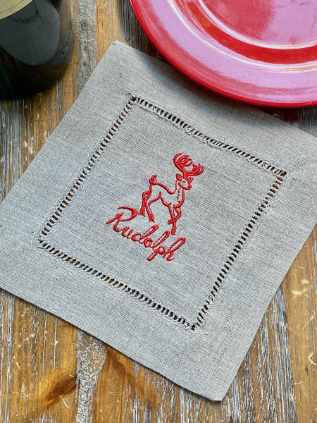 Reindeer Cloth Cocktail Napkins, Set of 10 - White Tulip Embroidery