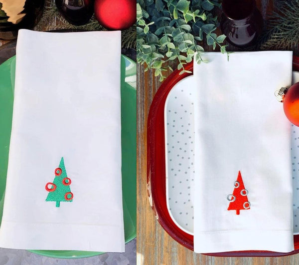 Retro Christmas Tree Embroidered Cloth Napkins - Set of 4 napkins - White Tulip Embroidery