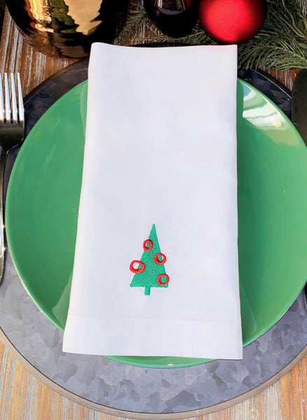 Retro Christmas Tree Embroidered Cloth Napkins - Set of 4 napkins - White Tulip Embroidery