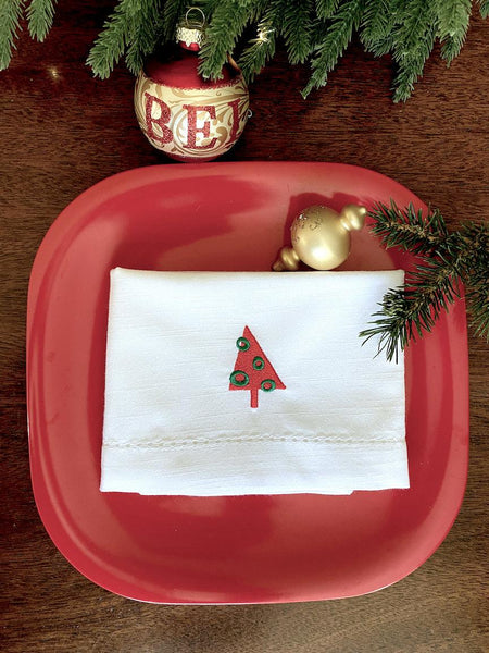 Retro Christmas Tree Embroidered Cloth Napkins - Set of 4 napkins - White Tulip Embroidery