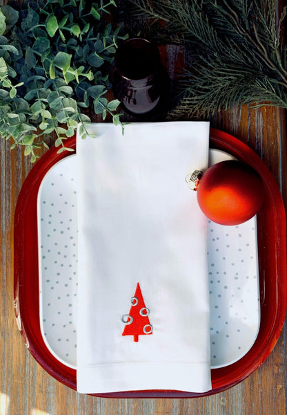 Retro Christmas Tree Embroidered Cloth Napkins - Set of 4 napkins - White Tulip Embroidery
