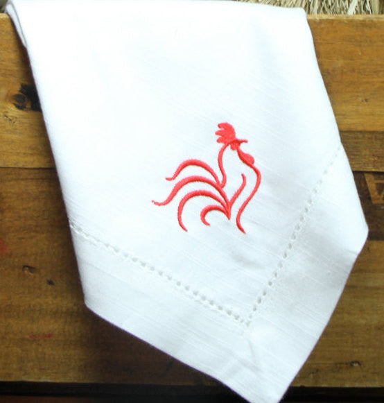 Rooster Embroidered Cloth Dinner Napkins - Set of 4 napkins - White Tulip Embroidery