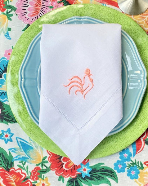 Rooster Embroidered Cloth Dinner Napkins - Set of 4 napkins - White Tulip Embroidery