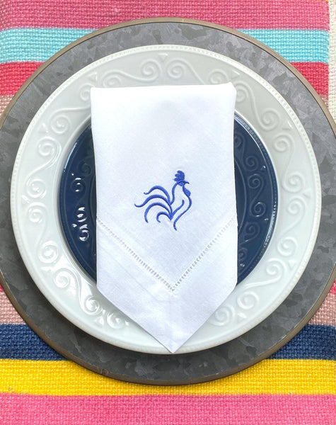 Rooster Embroidered Cloth Dinner Napkins - Set of 4 napkins - White Tulip Embroidery