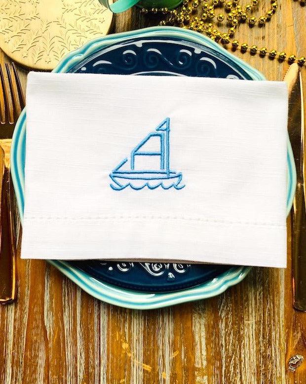 Sailboat Monogrammed Cloth Dinner Napkins - Set of 4 napkins - White Tulip Embroidery