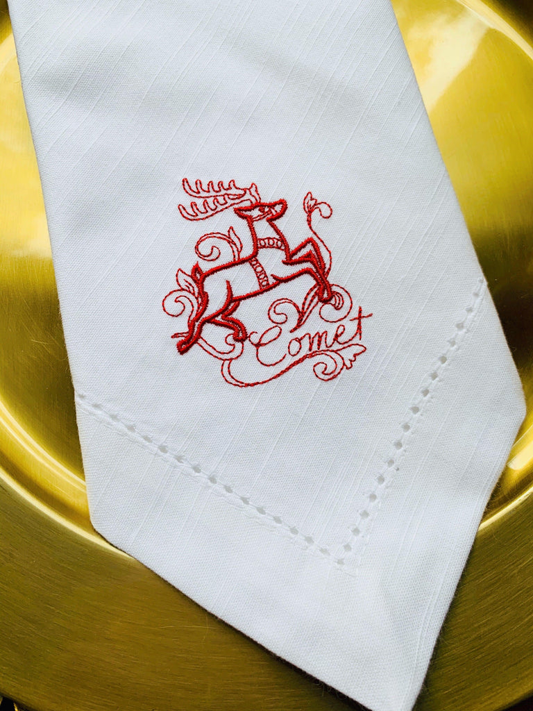 Santa and Reindeer Christmas Napkins - Set of 10 unique napkins - White Tulip Embroidery