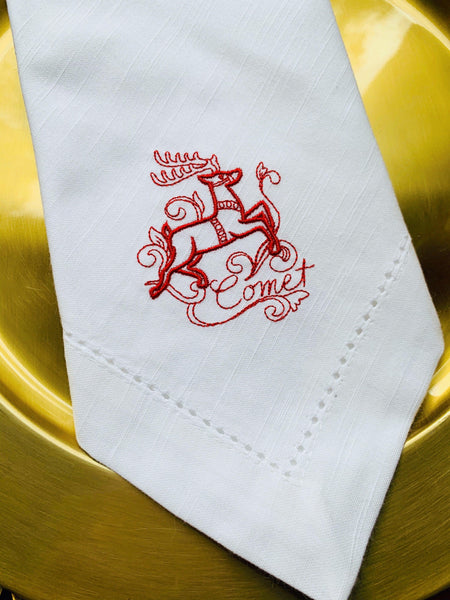Santa and Reindeer Christmas Napkins - Set of 10 unique napkins - White Tulip Embroidery