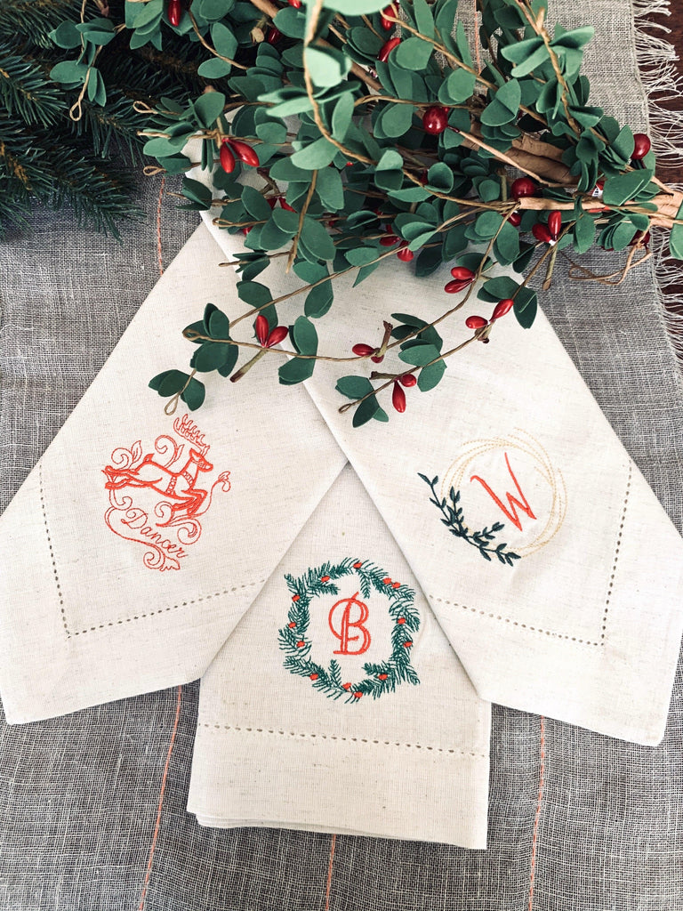Santa and Reindeer Christmas Napkins - Set of 10 unique napkins - White Tulip Embroidery
