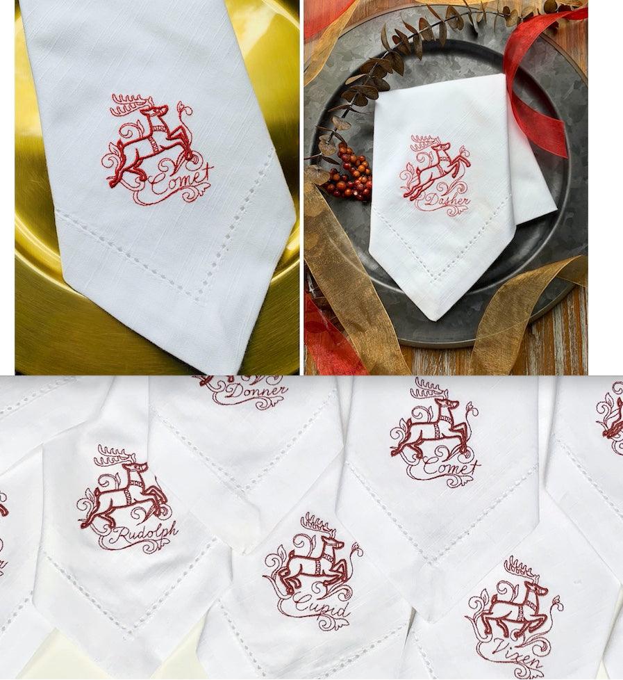 Santa and Reindeer Christmas Napkins - Set of 10 unique napkins - White Tulip Embroidery