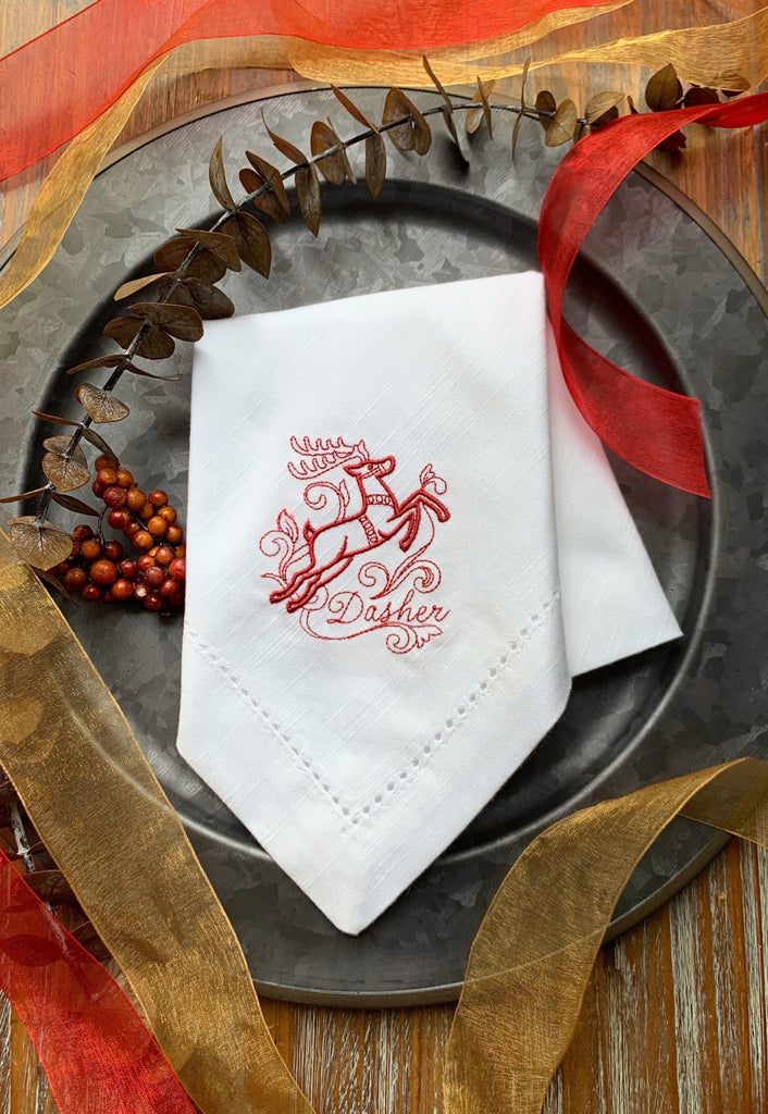 Santa and Reindeer Christmas Napkins - Set of 10 unique napkins - White Tulip Embroidery